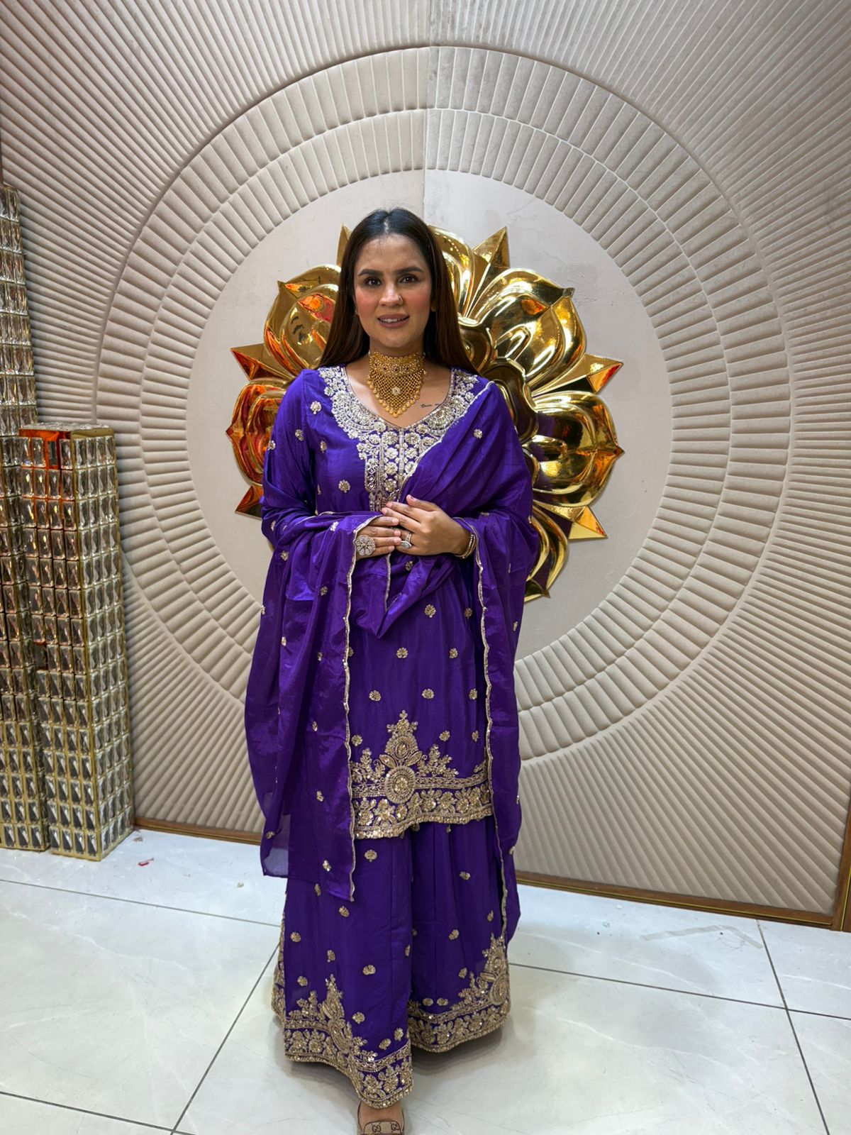 Chinon Fabric Suit With Beautiful Embroidery Work PC1970