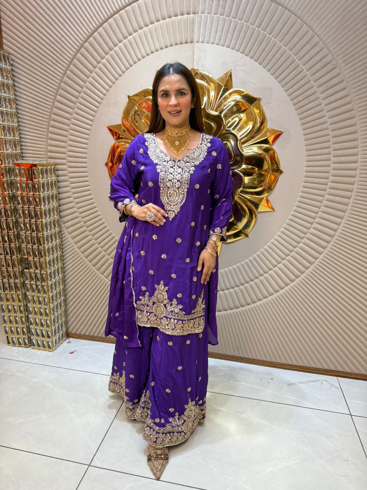 Chinon Fabric Suit With Beautiful Embroidery Work PC1970