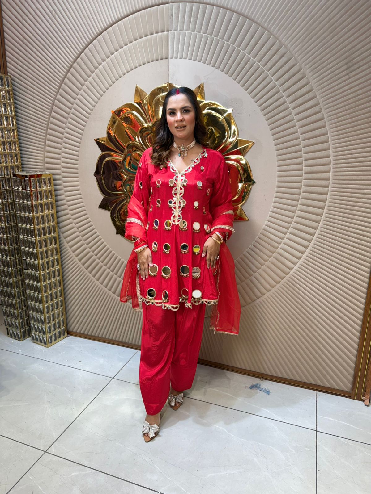 Beautiful Mirror Work Suit With Lace Work PC1976