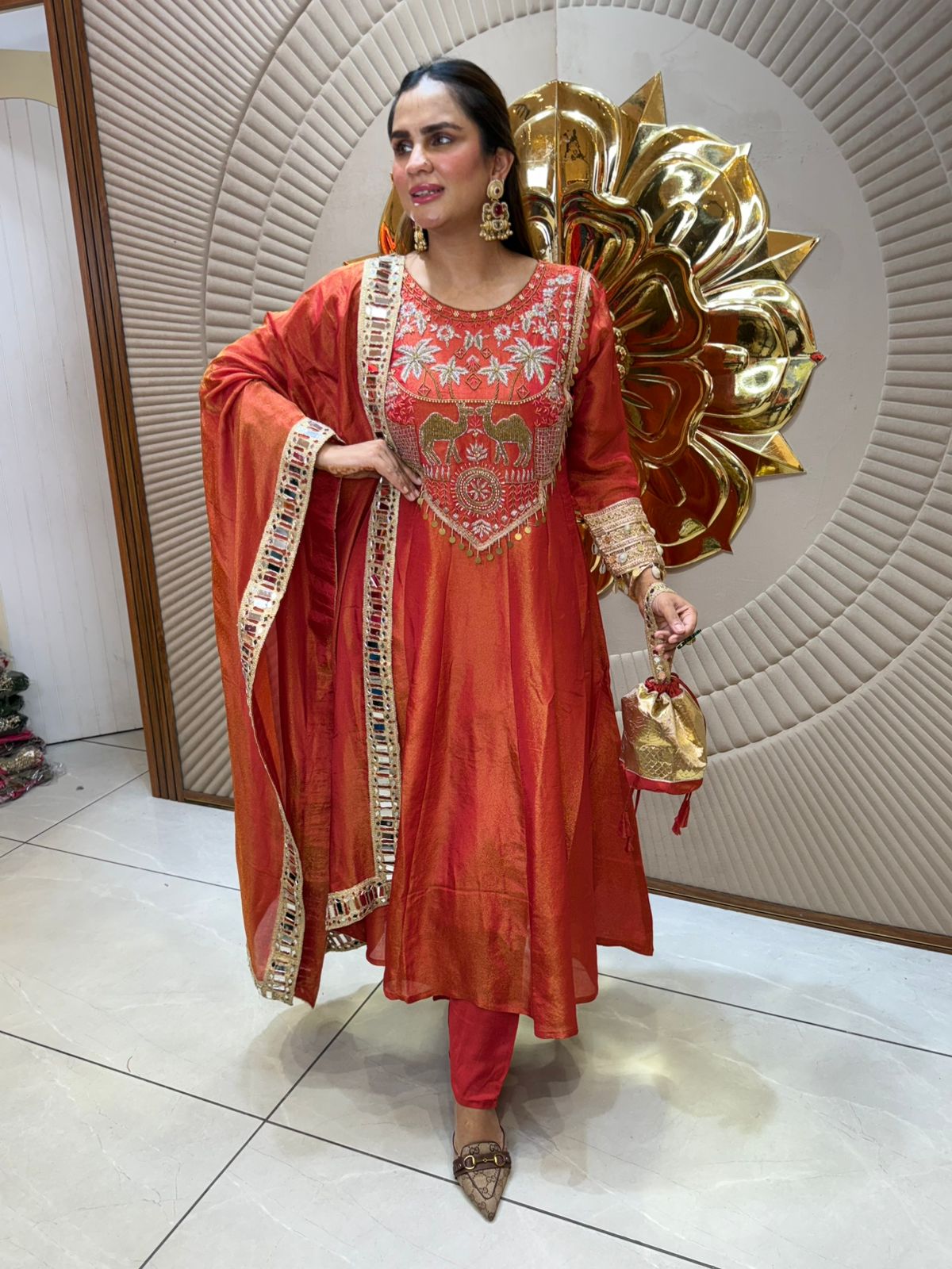 Elegant Red Suit With Mirror Work On Dupatta PC2027