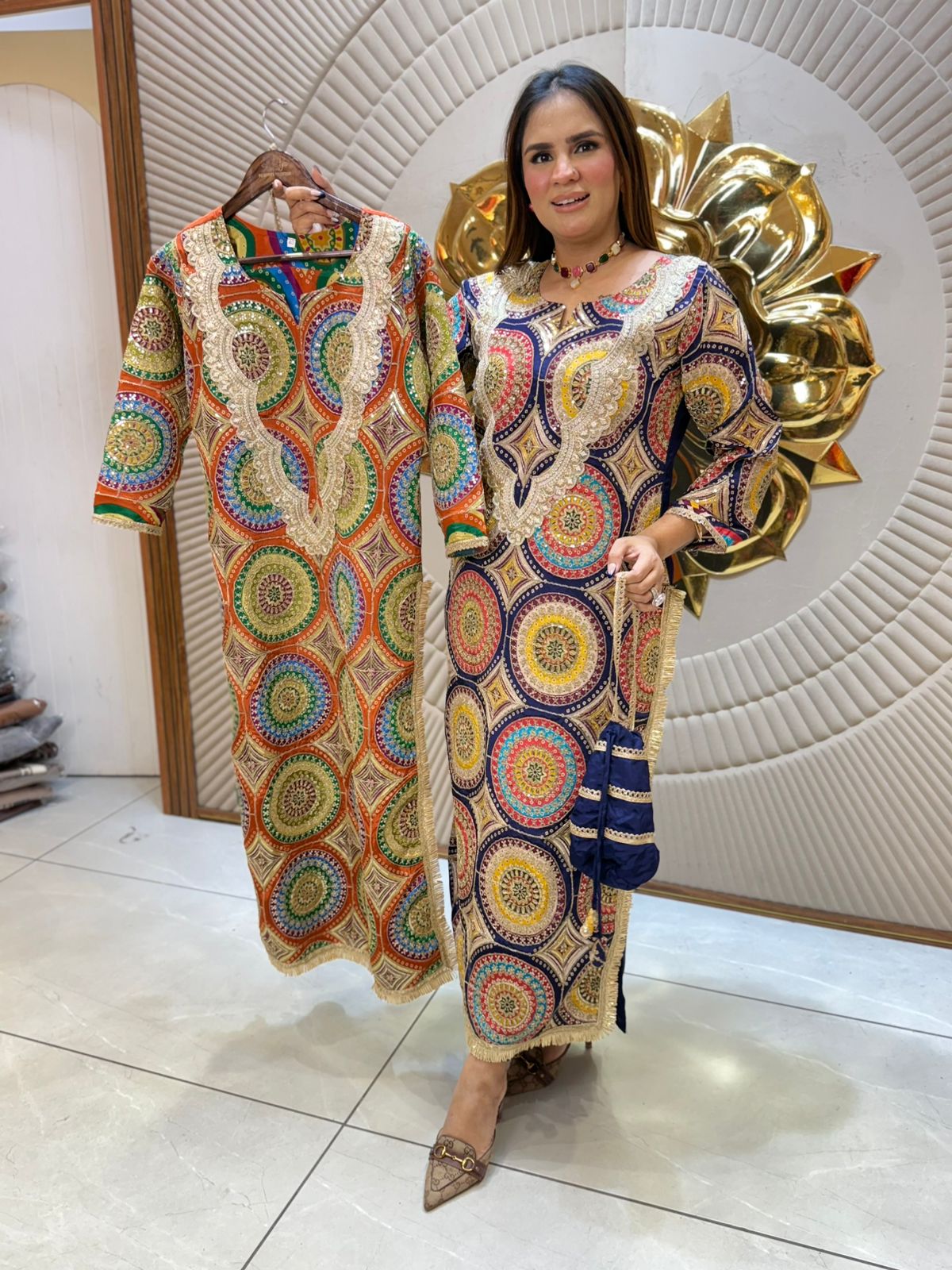 Stunning Pattern Print Suit With Potli PC2211