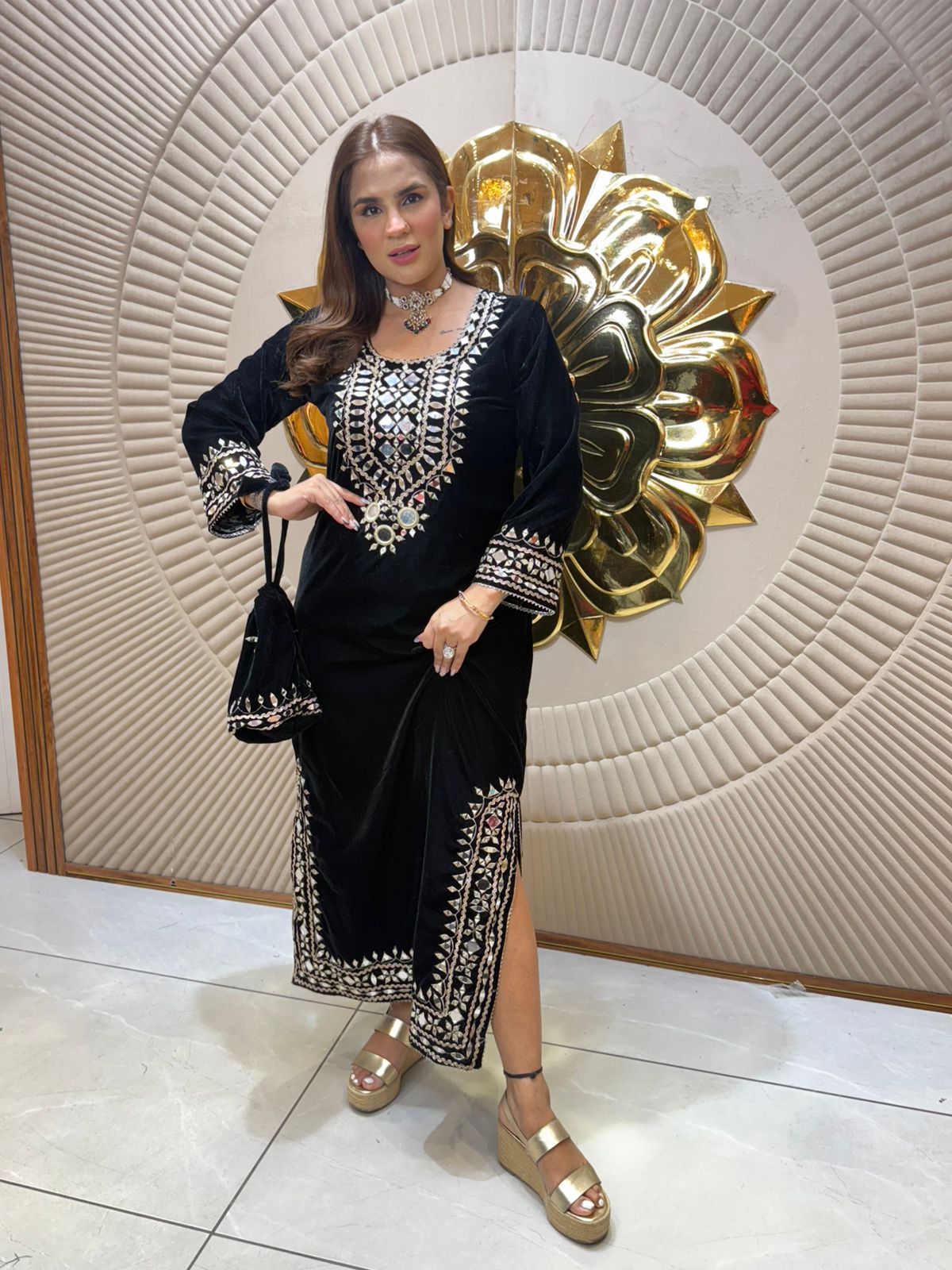 Elegant Velvet Dress With Hand Bag PC2268