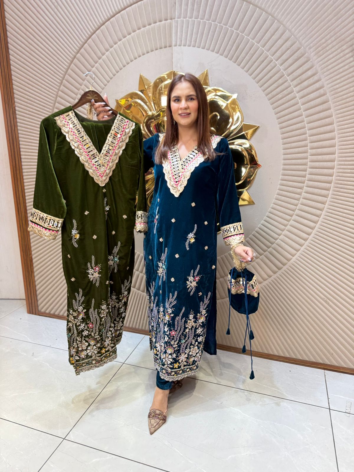 Elegant Velvet Dress With Hand Bag PC2290