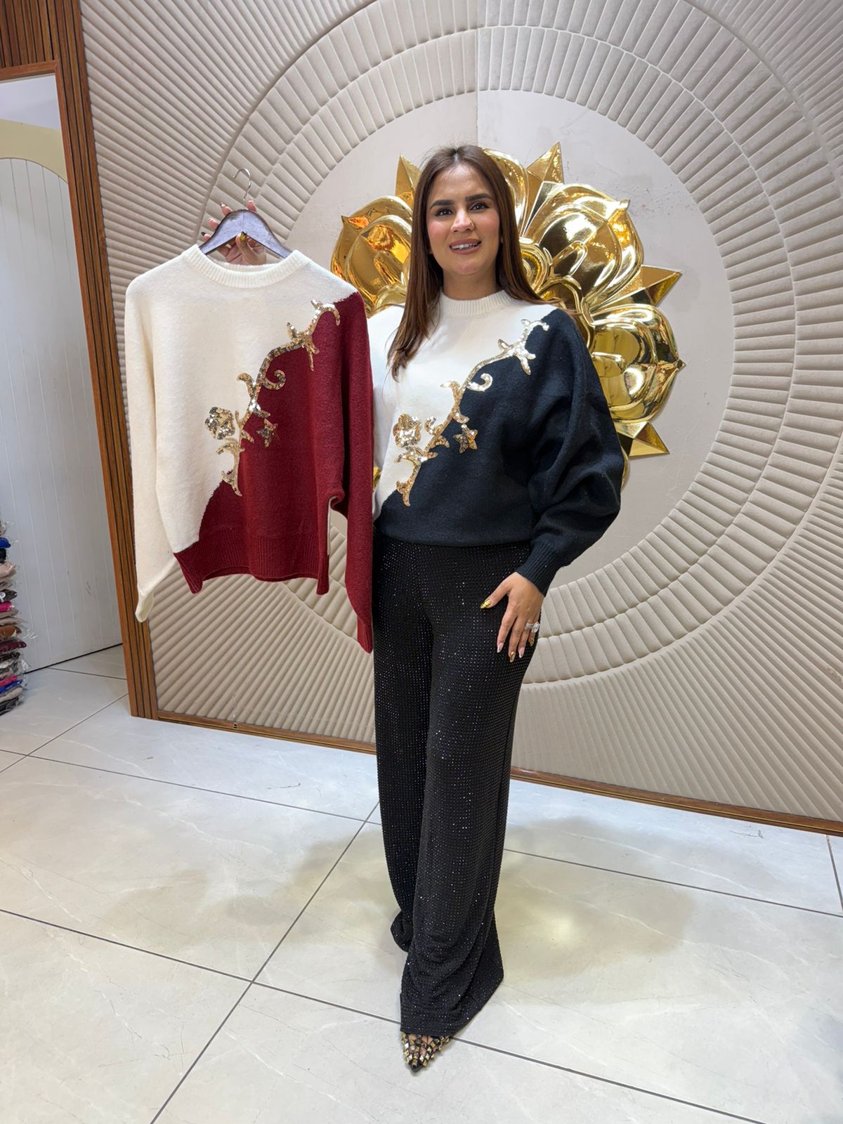 Elegant Dual Color Woolen Top PC2428