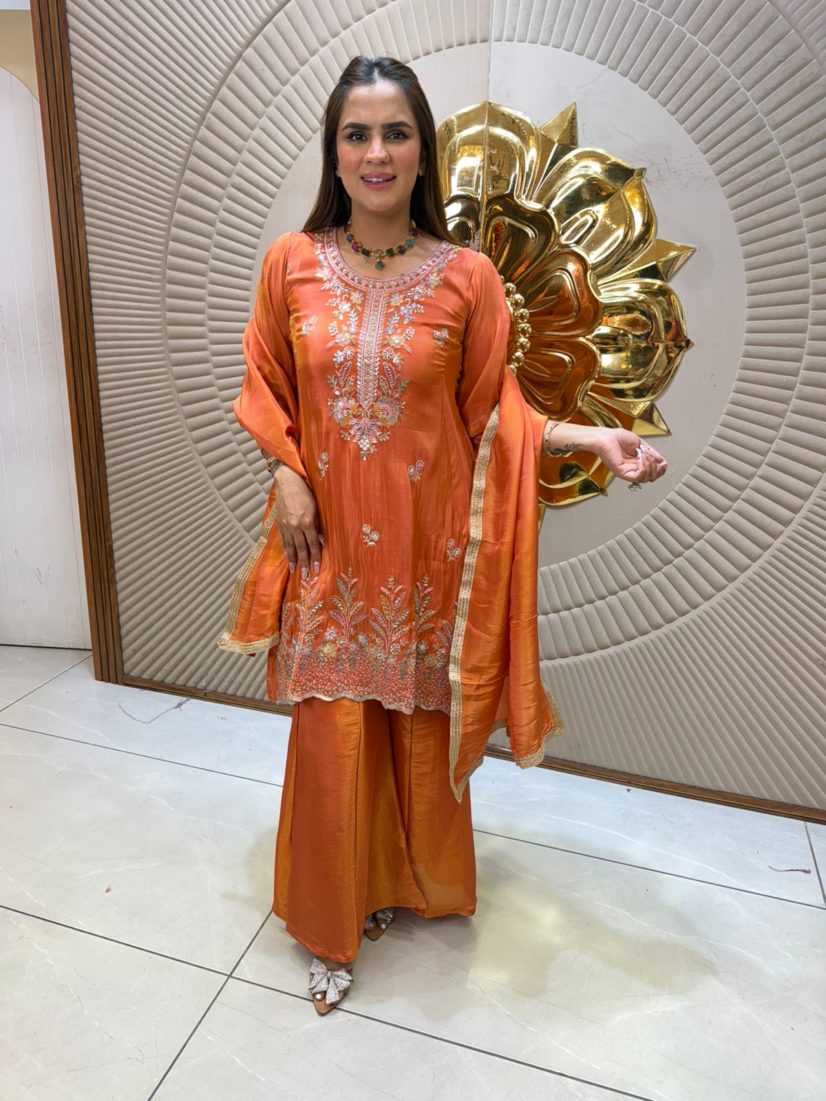 Elegant Orange Suit With Lace Work On Dupatta PC2564