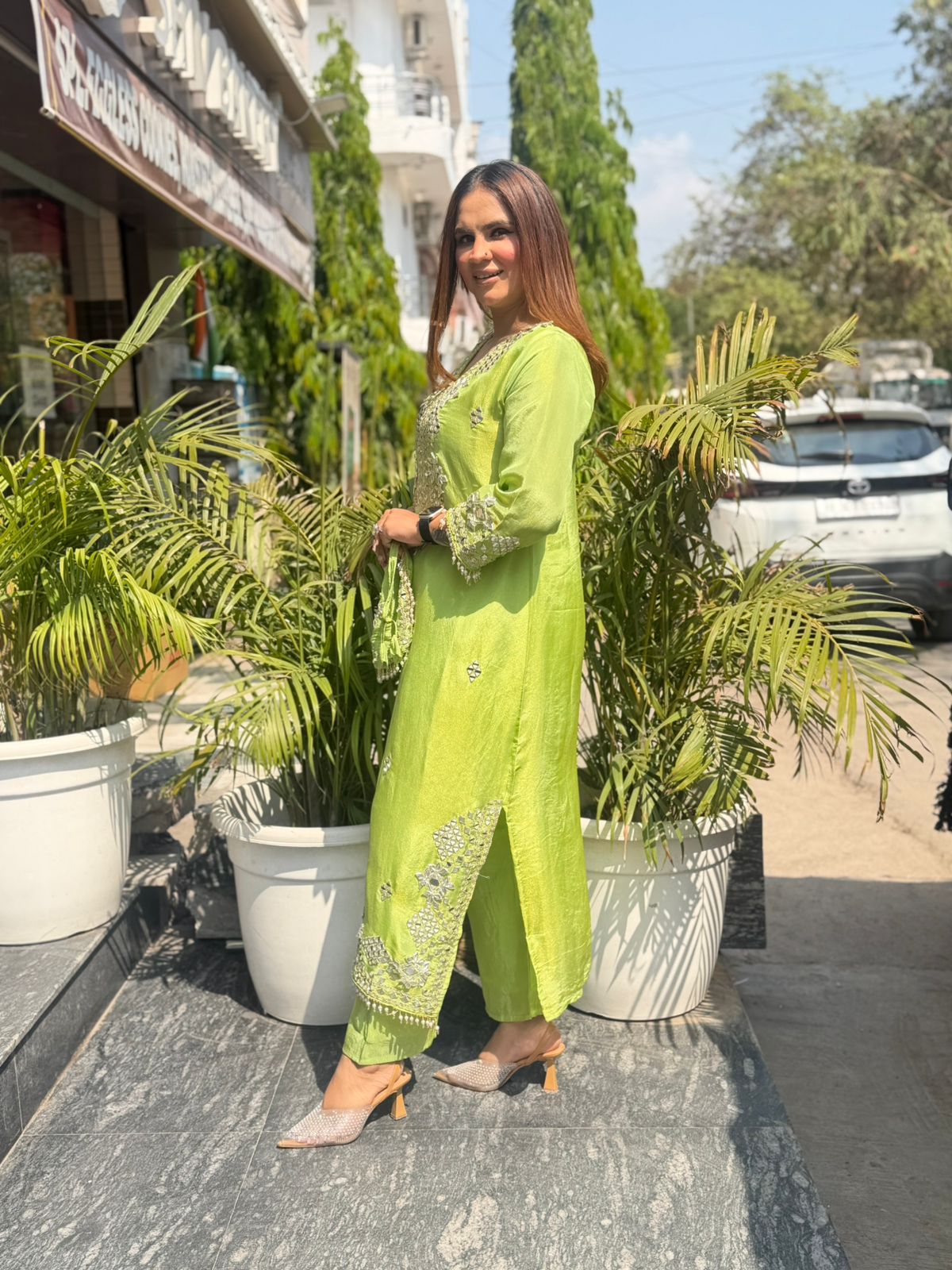 Stunning Mirror Work Suit With Potli PC2817