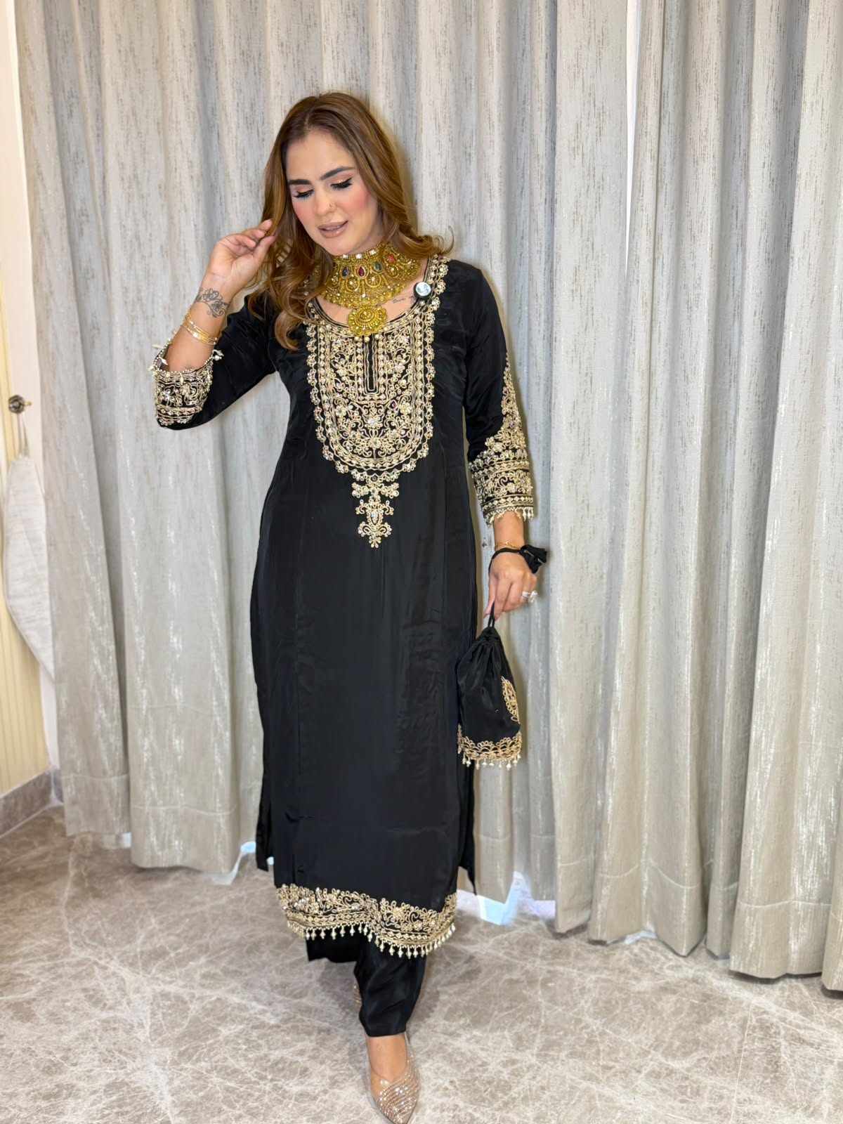 Beautiful Mirror Work Long Suit With Potli PC3175