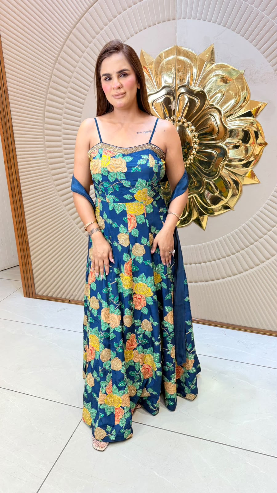 beautiful blue floral Dress with shoulder straps pc3357