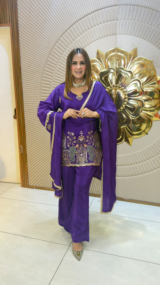 Elegant embroidered silk blend kurta, palazzo set pc3315