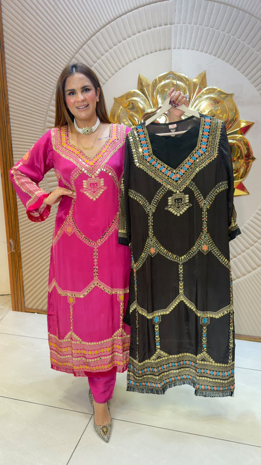 Elegant silk kurta set and zari, mirror, and resham embroidery pc3318