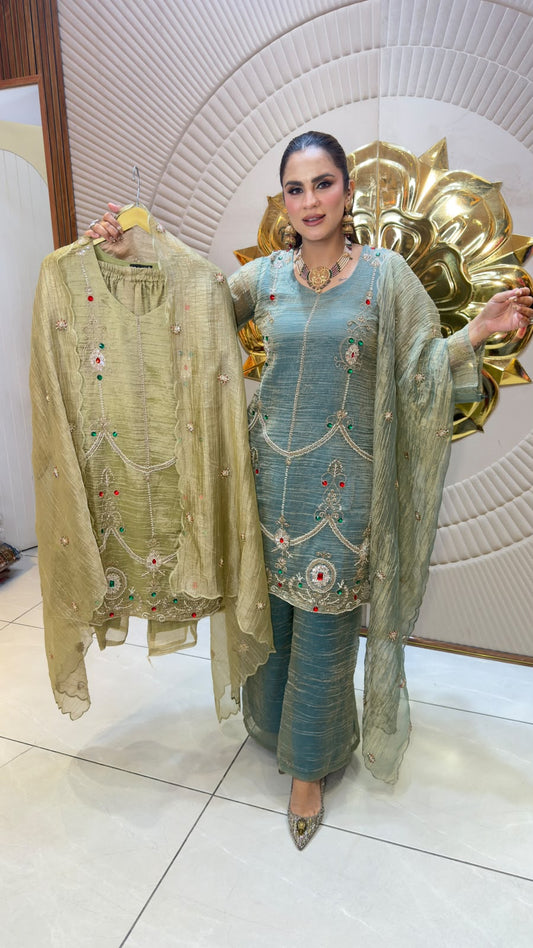 Beautiful shimmer/tissue organza heavy embroidered kurta set pc3332