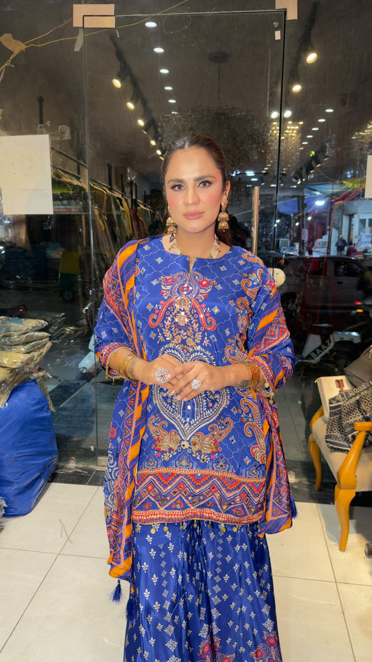 Elegant royal blue printed crepe sharara and short kurta set PC3355