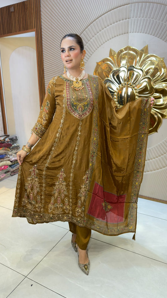 Elegant mustard-gold ethnic ensemble or embroidered straight or A-line kurta PC3350