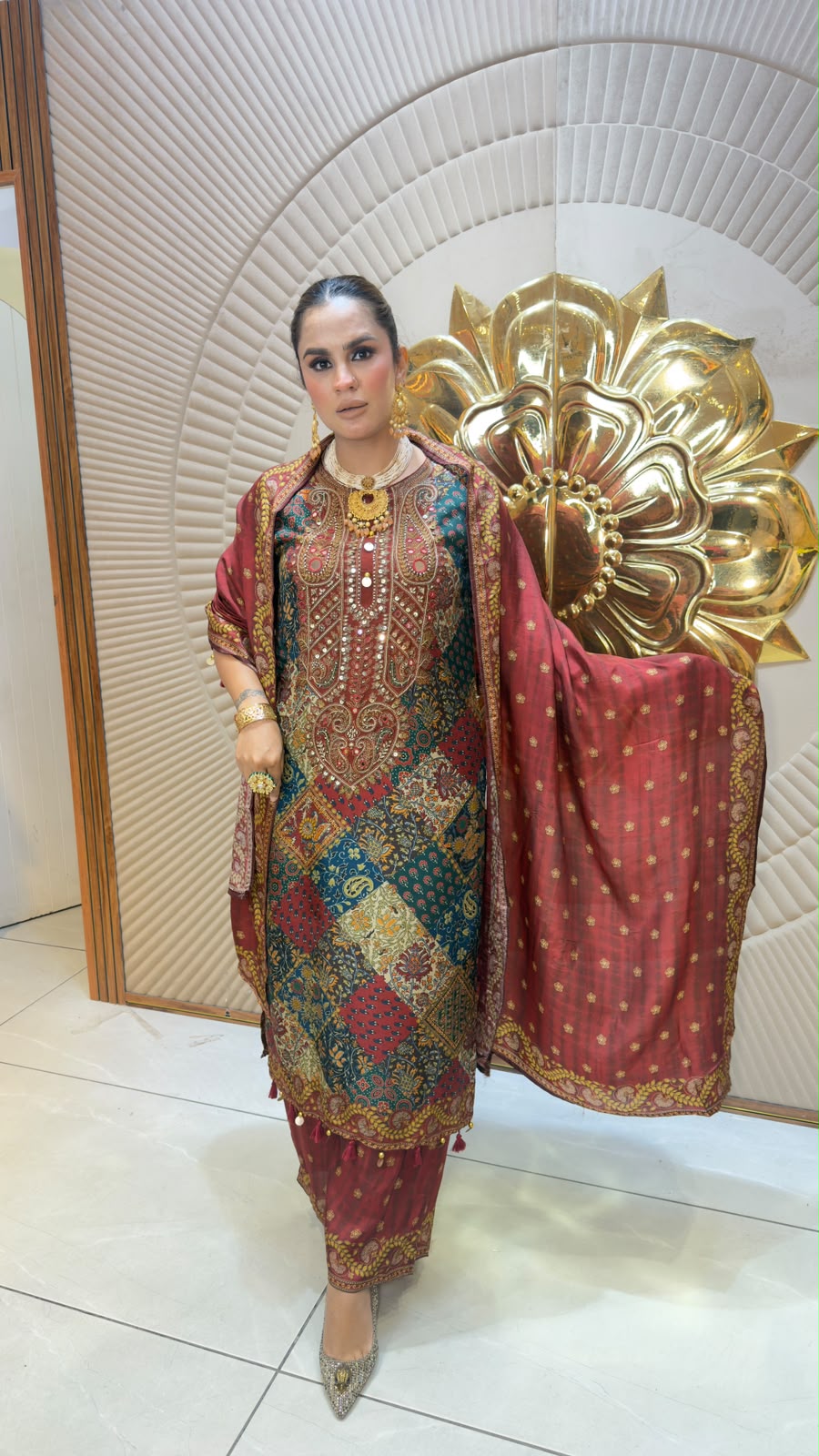 Elegant multi-colored patchwork and paisley-printed long kurta PC3344