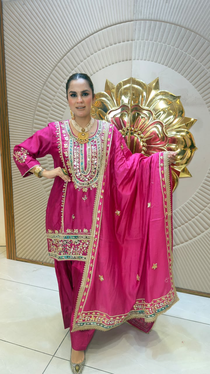 Beautiful magenta short silk kurta set pc3341