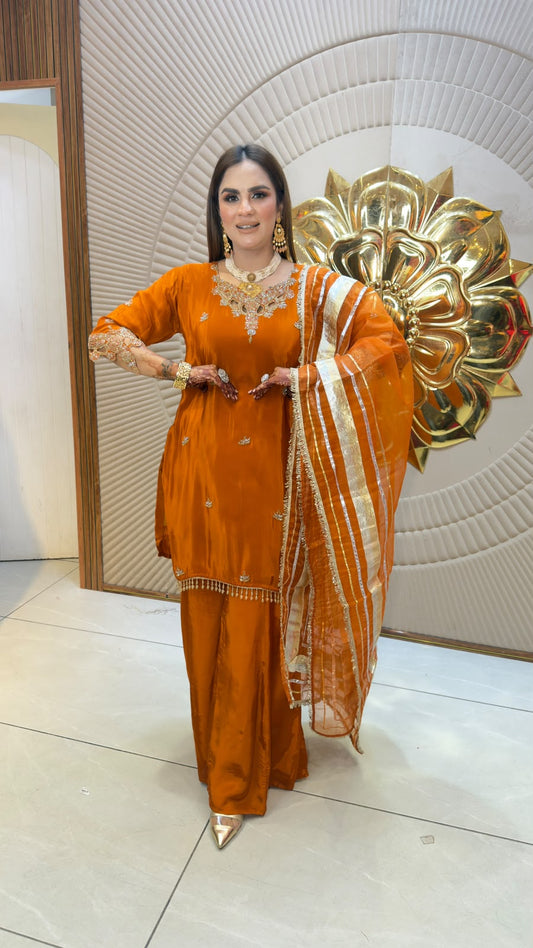 Elegant embroidered short kurti, matching sharara pants, and a dupatta set PC3358