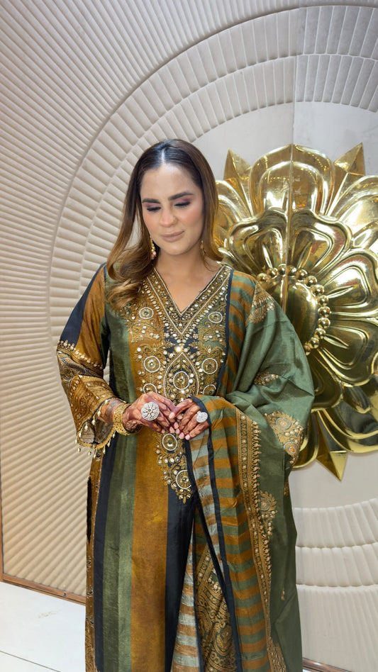 Beautiful olive green and mustard-toned Pakistani-style embroidered 3-piece suit set pc3367