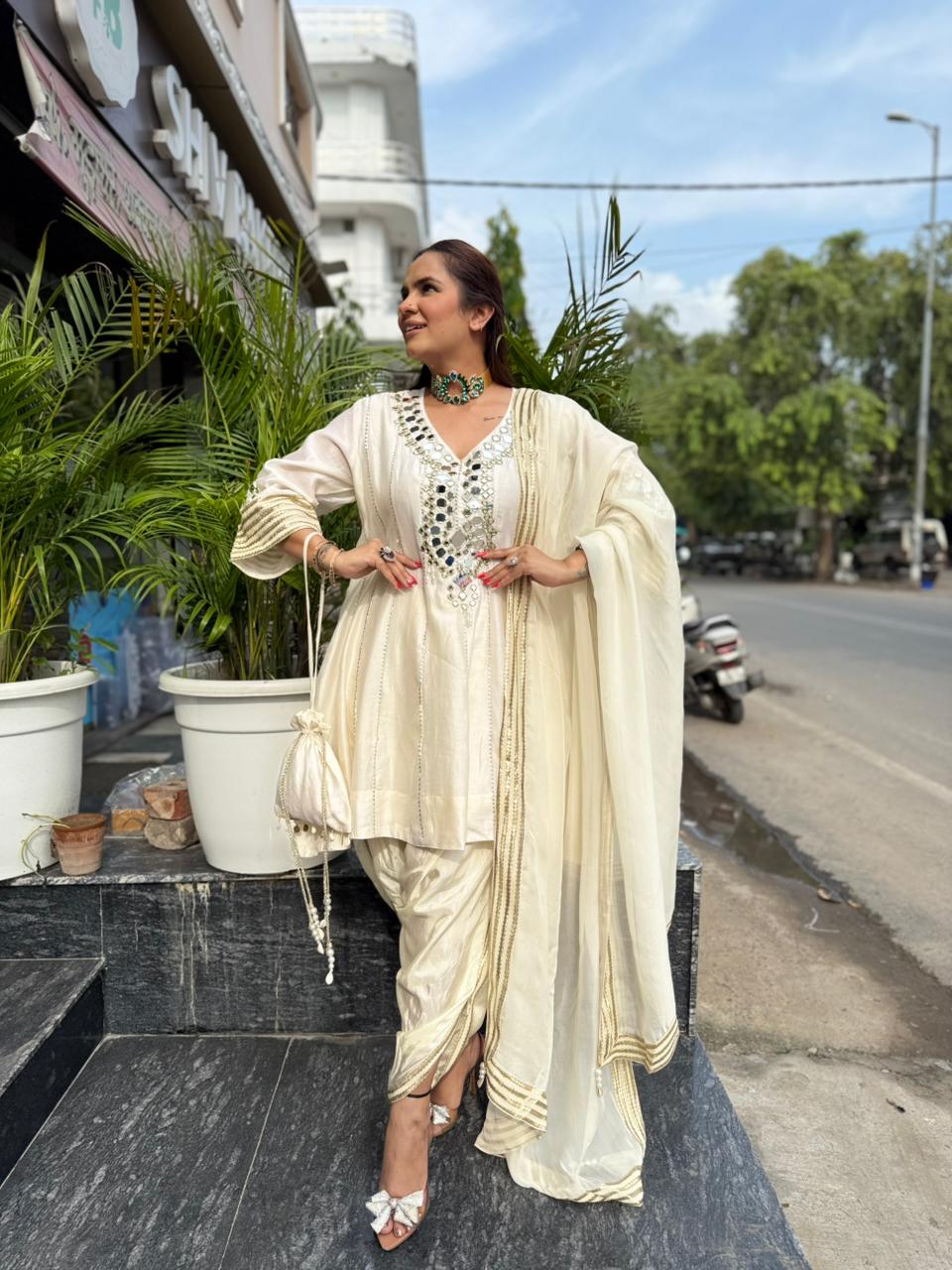 Stunning Suit With Mirror Work On Neck PC1657