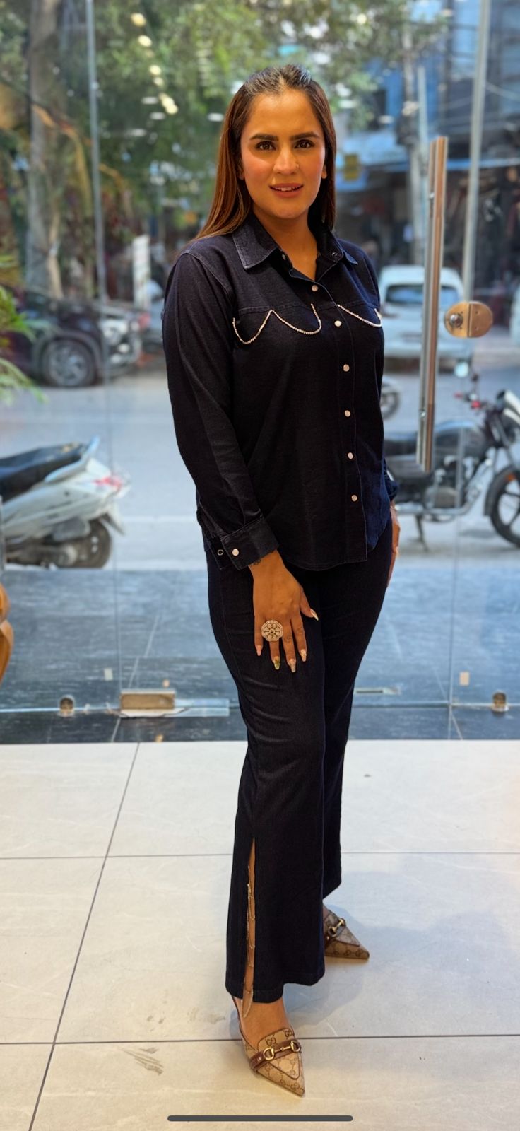 Beautiful Denim Co-Ord Set With Pearl Work PC1741