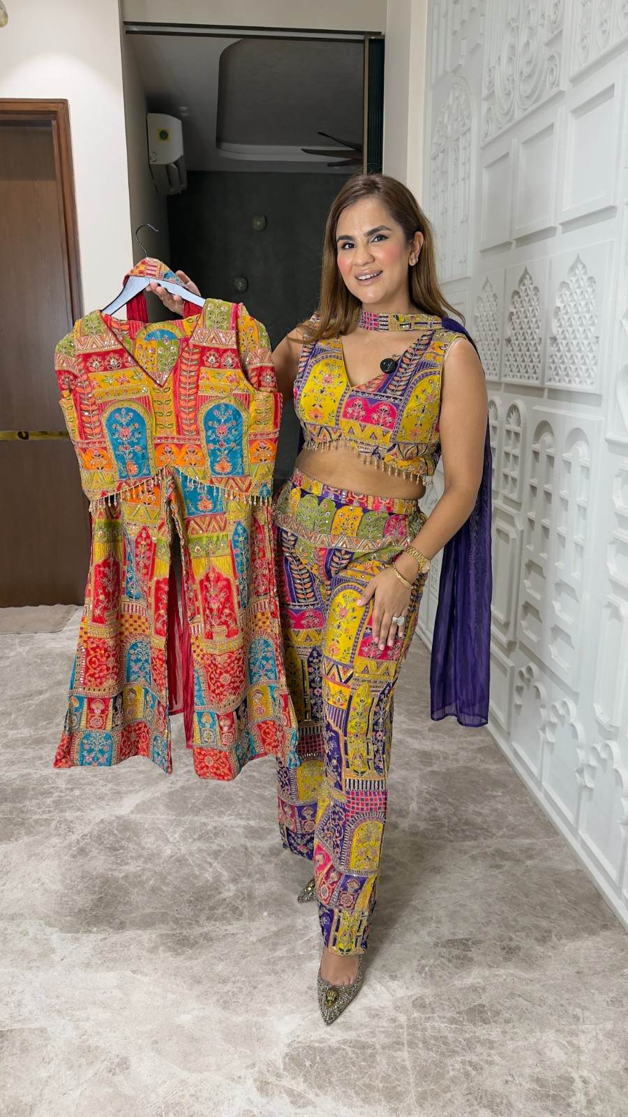 Multicolour Printed Crop Top & Palazzo Co-Ord Set PC3753