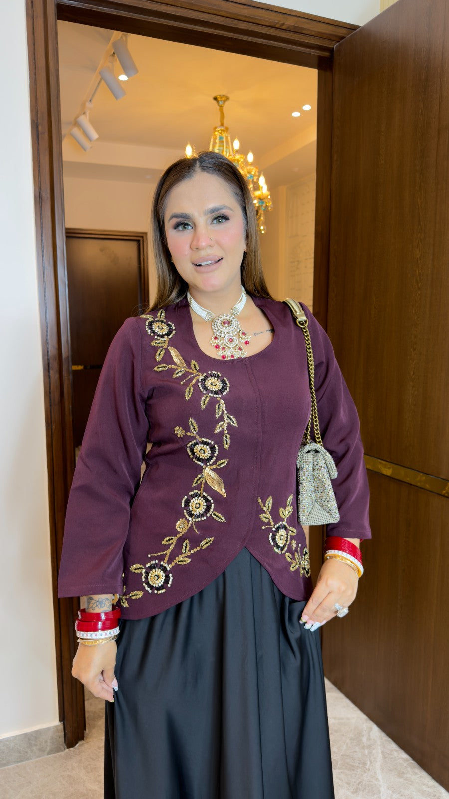 Royal Plum Embroidered Jacket with Black skirt pc3339