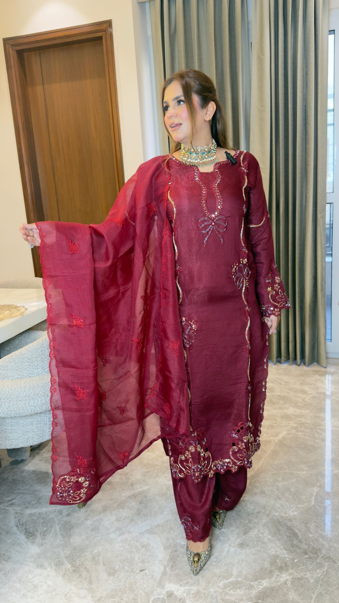 elegant  burgundy ethnic 3-piece kurta set pc3342