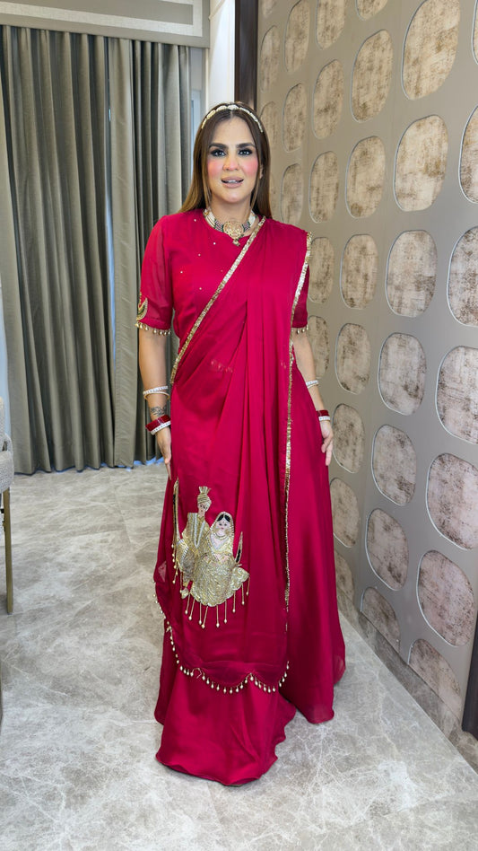 Elegant fuchsia-red draped saree or skirt-and-draped saree pc3378