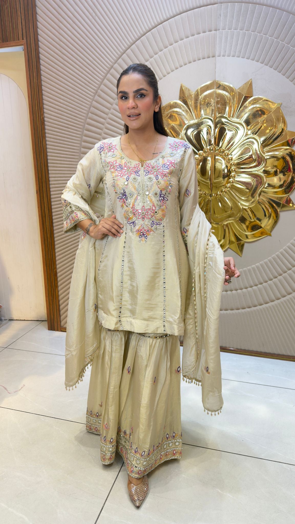 Beautiful pastel beige or ivory embroidered sharara suit set  pc3393
