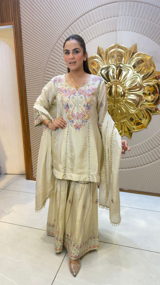 Beautiful pastel beige or ivory embroidered sharara suit set  pc3393
