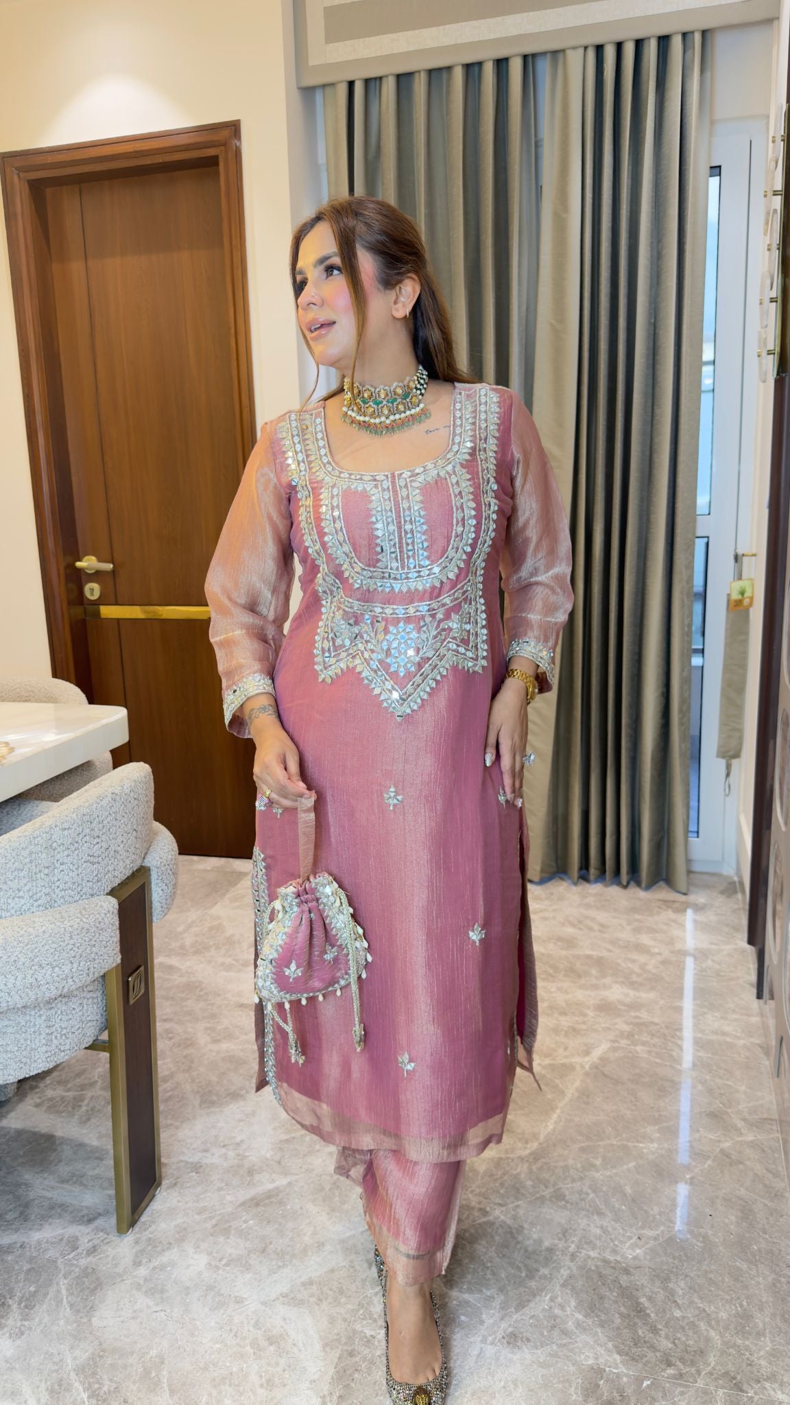 Beautiful pink shimmer organza or tissue mirror-embroidered kurta and trousers set pc3345