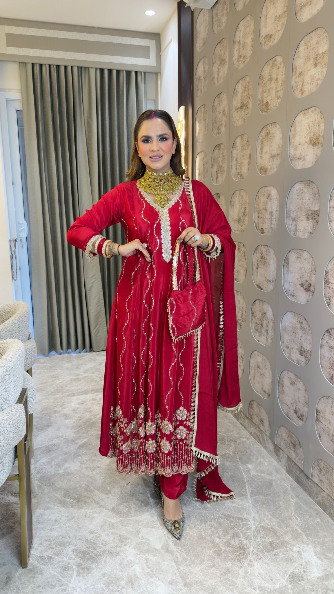 Beautiful  red embroidered A-line panelled kurta set pc3362