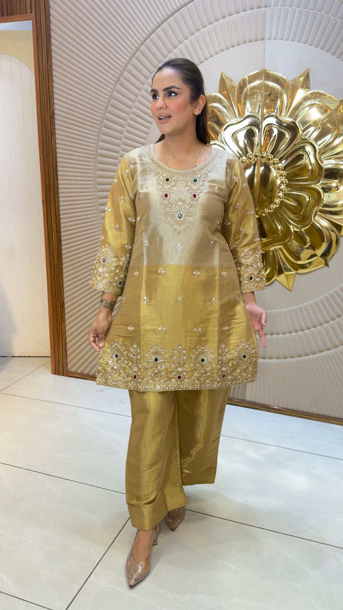 Beautiful golden-beige tissue or silk co-ord/kurta and pant set pc3392