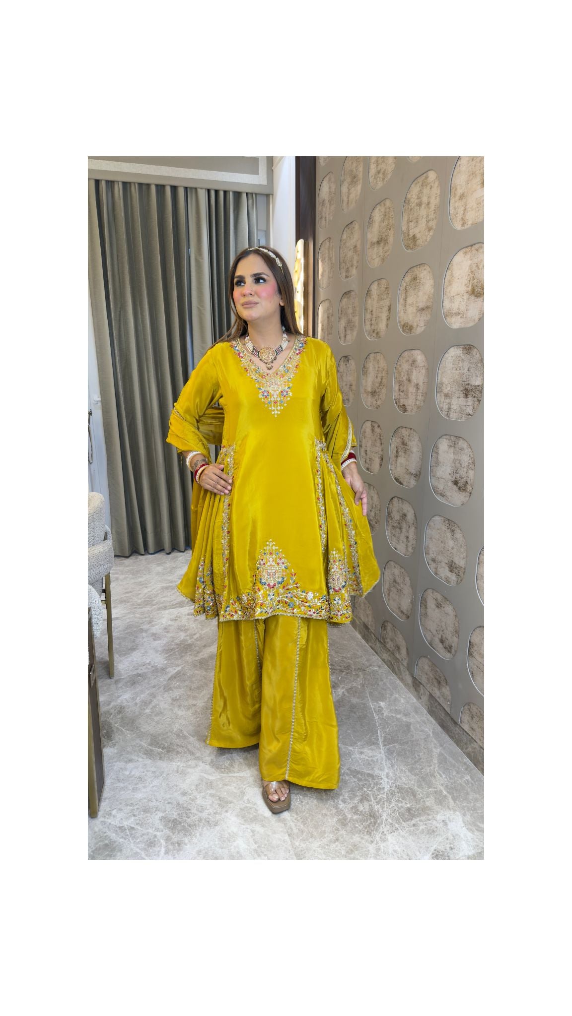 Elegant Chinon embroidered sequin-work A-line kurta and sharara set with a matching dupatta pc3380