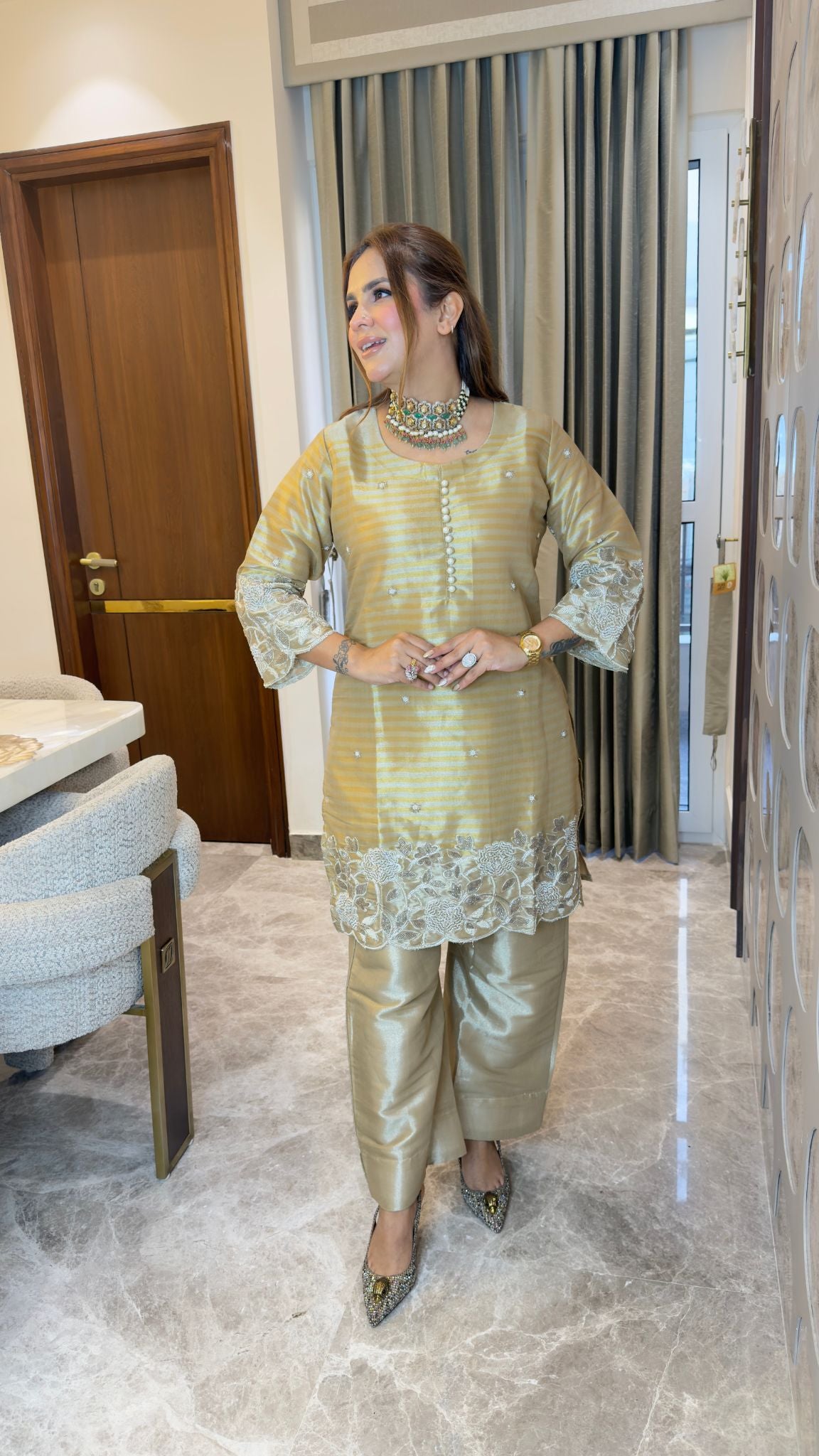 Beautiful silk or tissue ethnic kurta and trouser co-ord set pc3345
