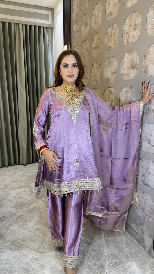 Elegant mirror-work kurta set with palazzos and a matching dupatta pc3312
