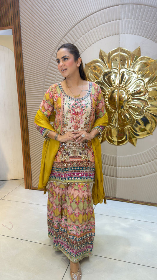 beautiful printed and embroidered sharara suit set pc3395