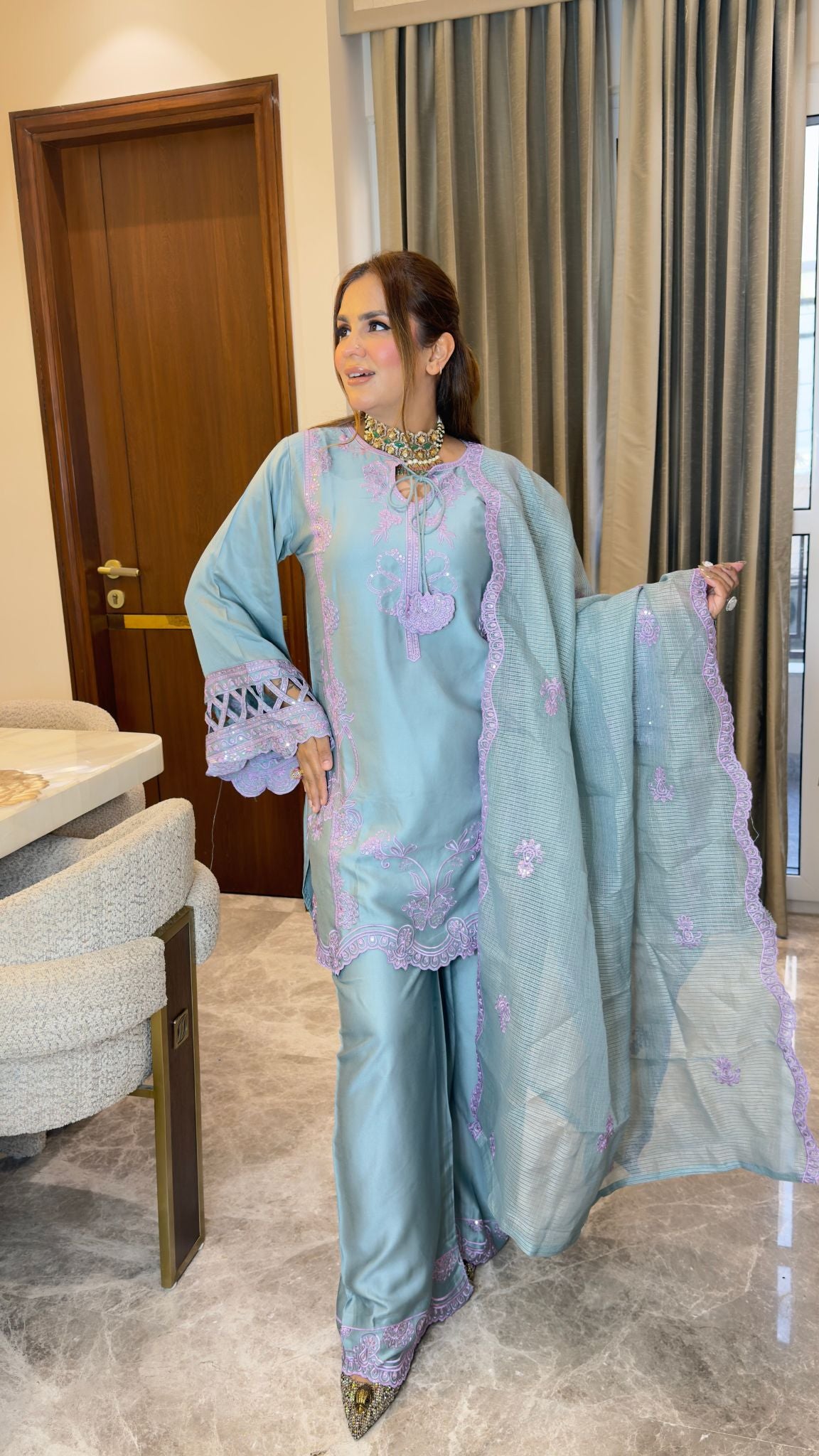 elegant sage-green silk or satin ethnic suit pc3341
