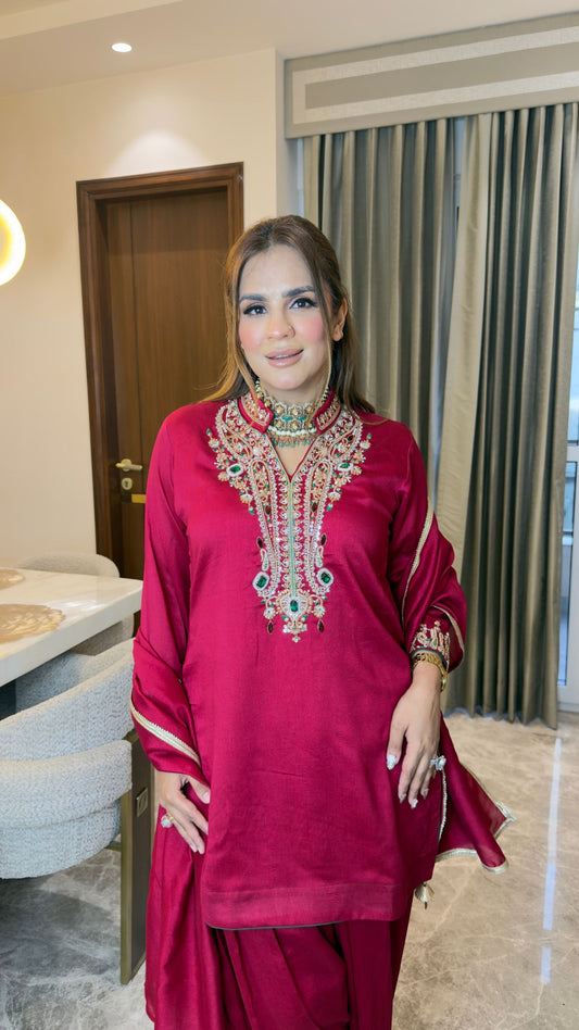 elegant rani hot pink silk ethnic kurta and salwar set pc3343