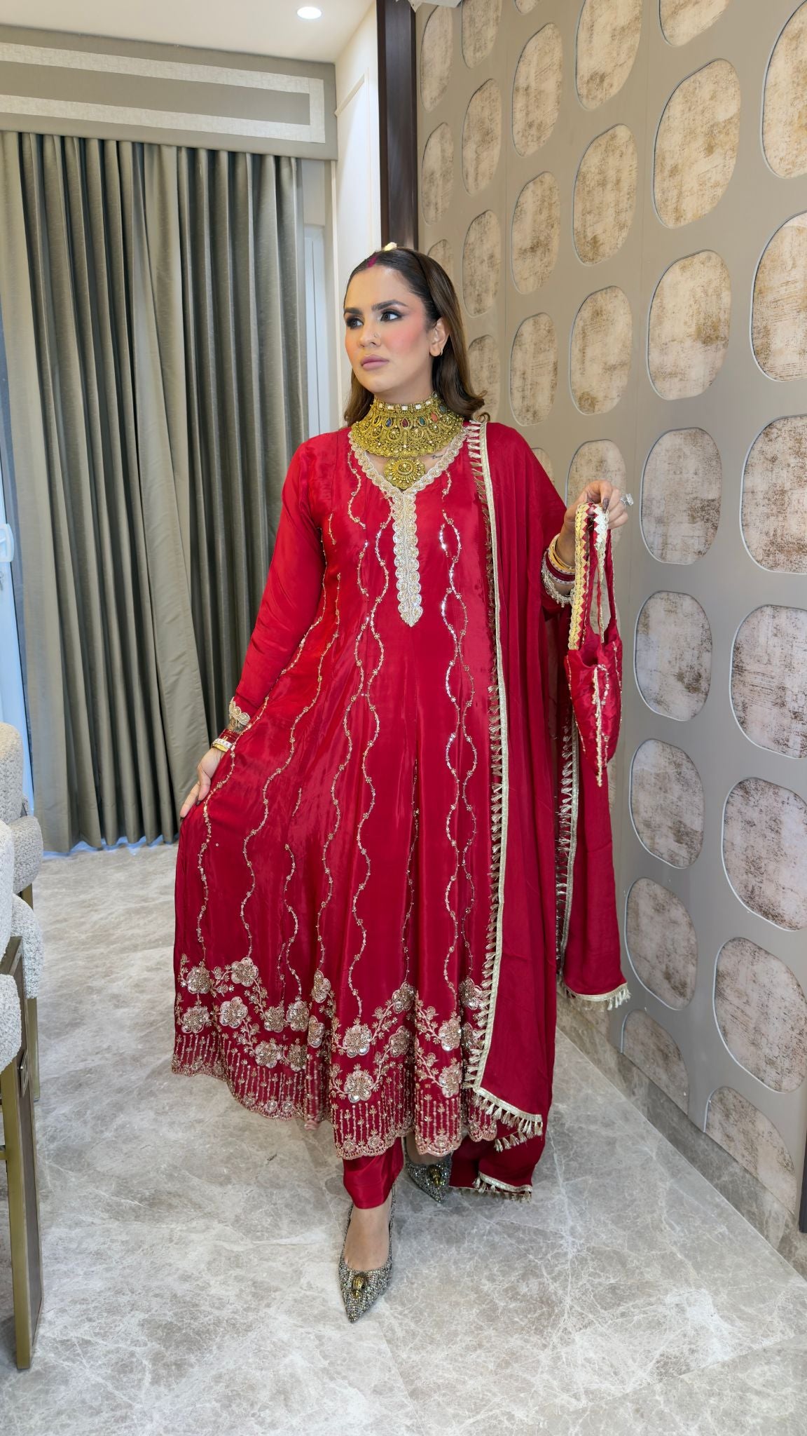 Beautiful  red embroidered A-line panelled kurta set pc3362