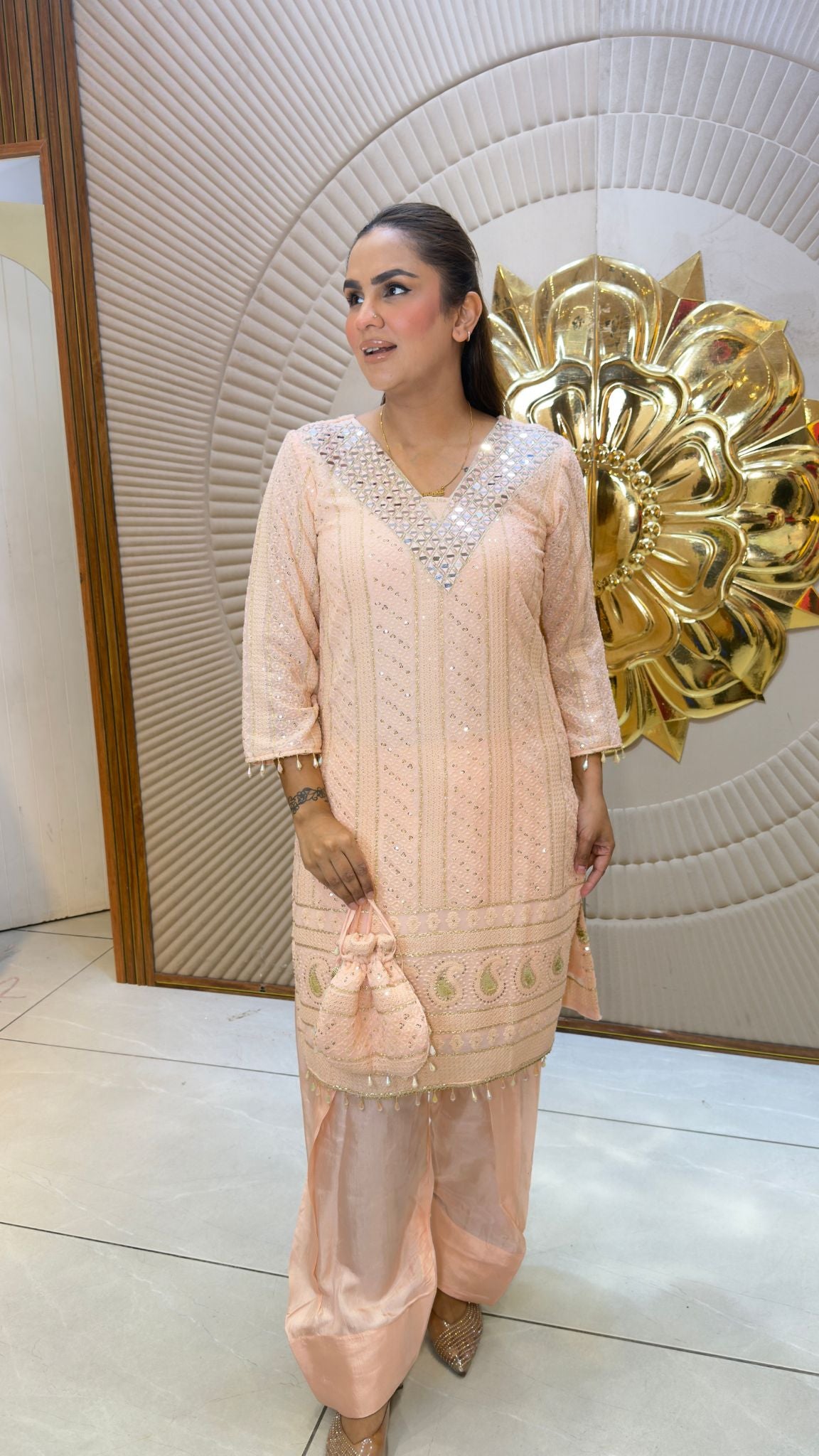 Beautiful peach Lucknowi Farshi co-ord set pc3391