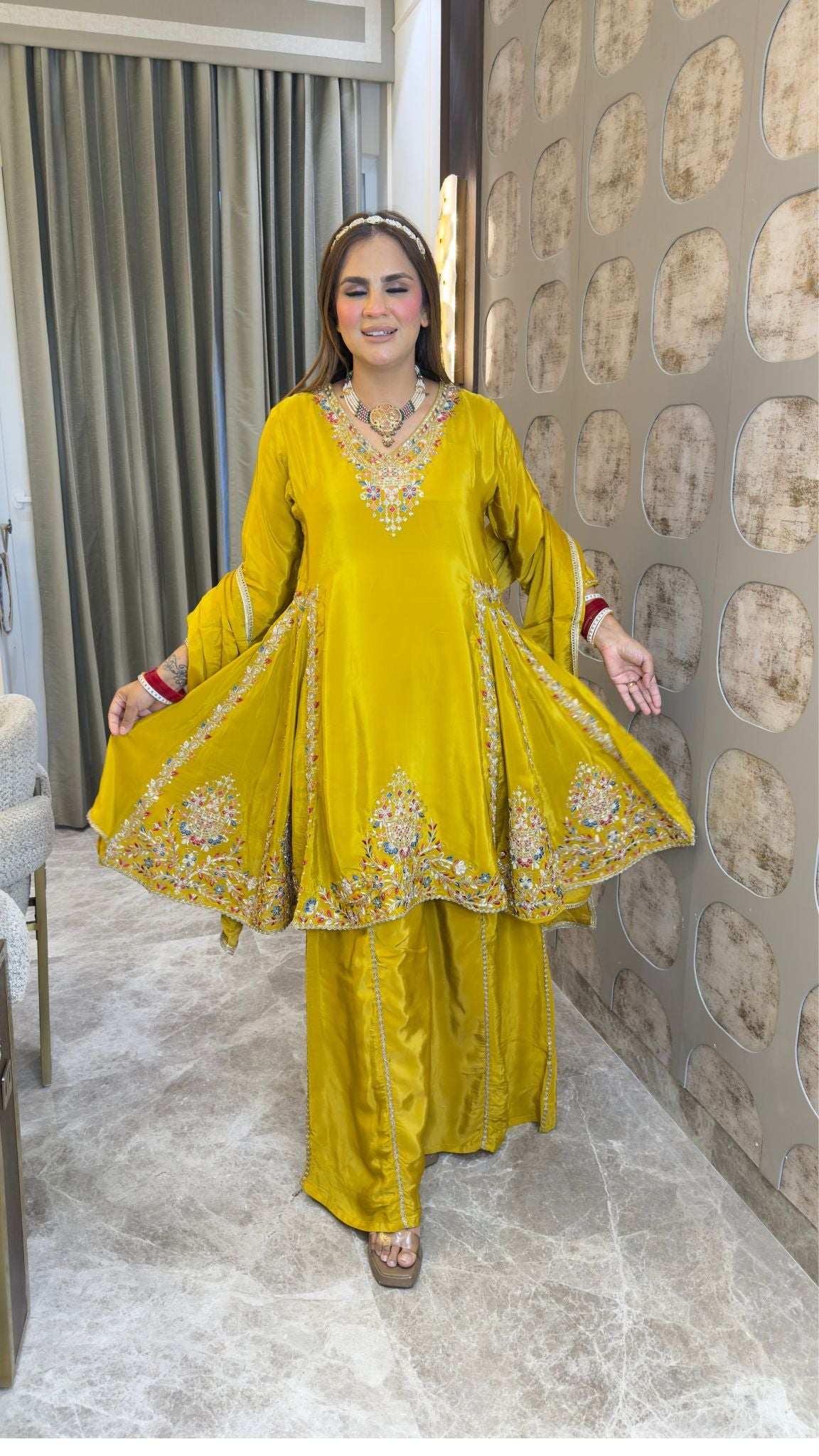 Elegant Chinon embroidered sequin-work A-line kurta and sharara set with a matching dupatta pc3380