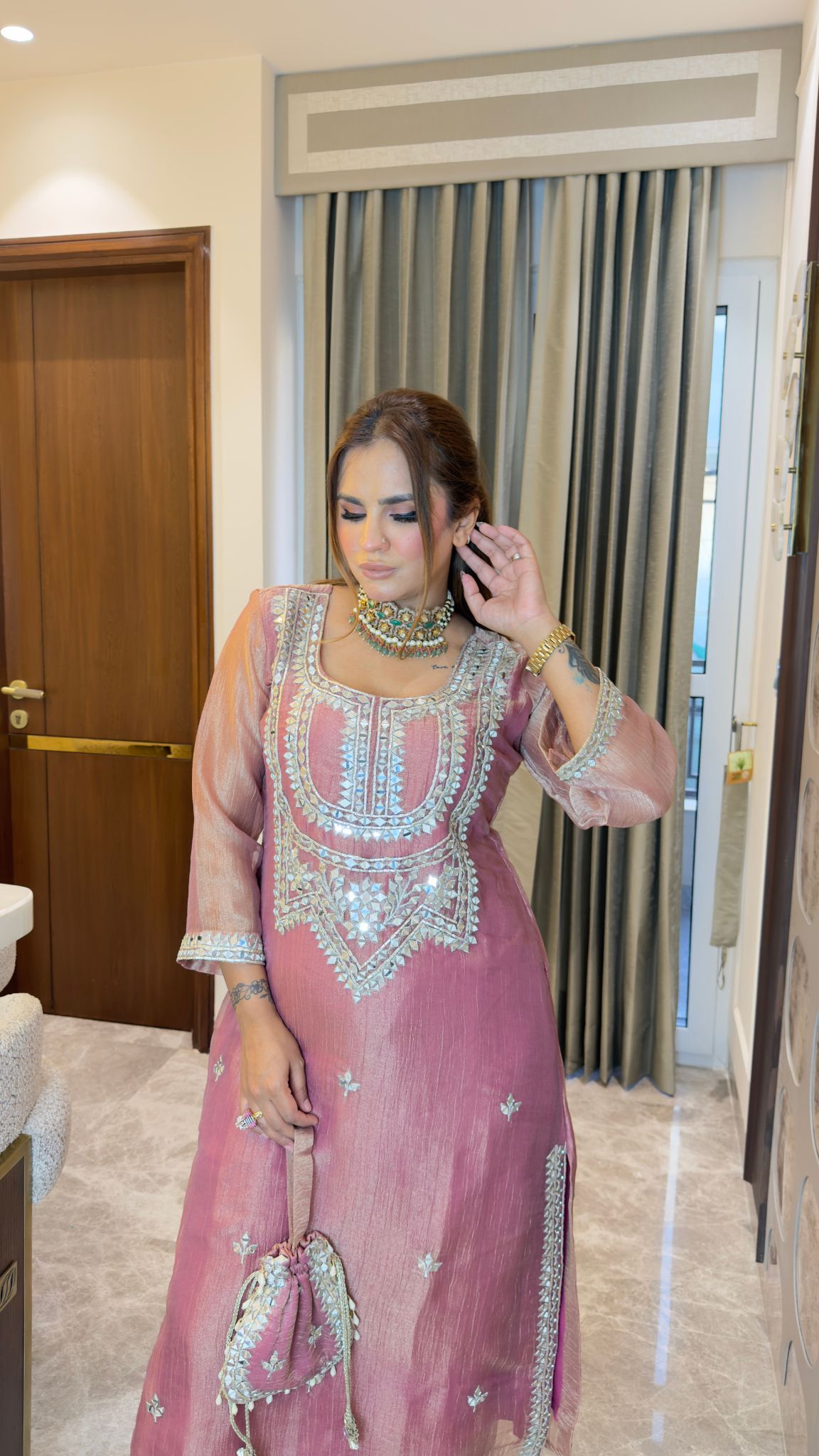 Beautiful pink shimmer organza or tissue mirror-embroidered kurta and trousers set pc3345