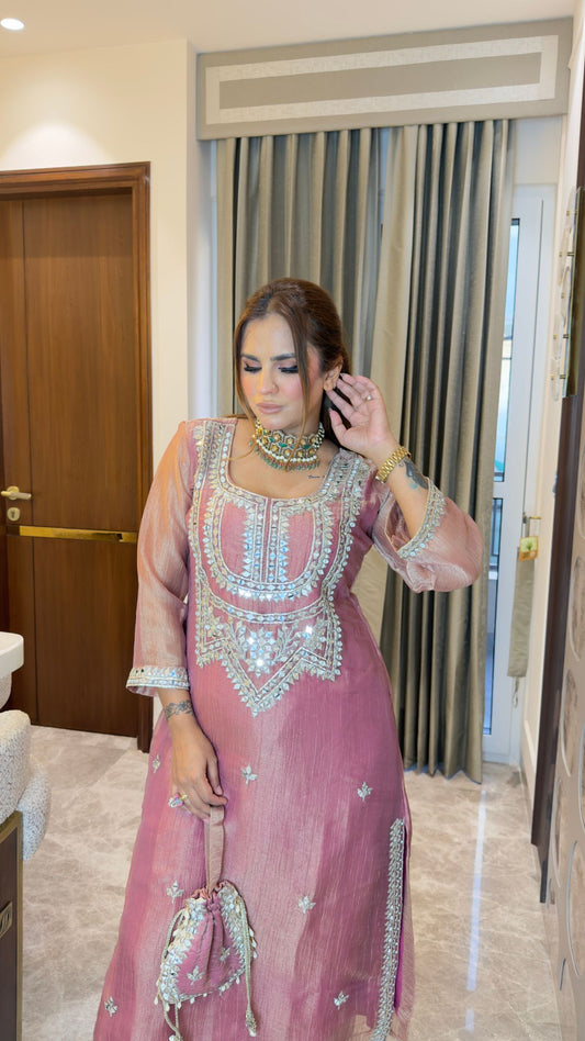 Beautiful pink shimmer organza or tissue mirror-embroidered kurta and trousers set pc3345
