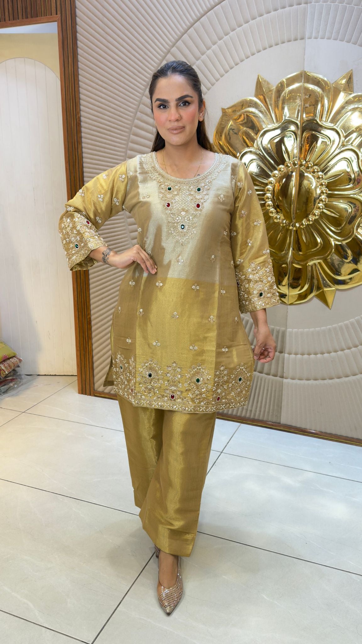 Beautiful golden-beige tissue or silk co-ord/kurta and pant set pc3392