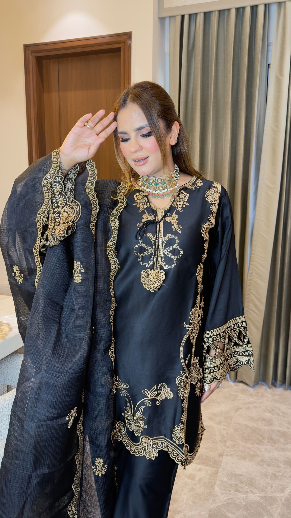 elegant sage-green silk or satin ethnic suit pc3341