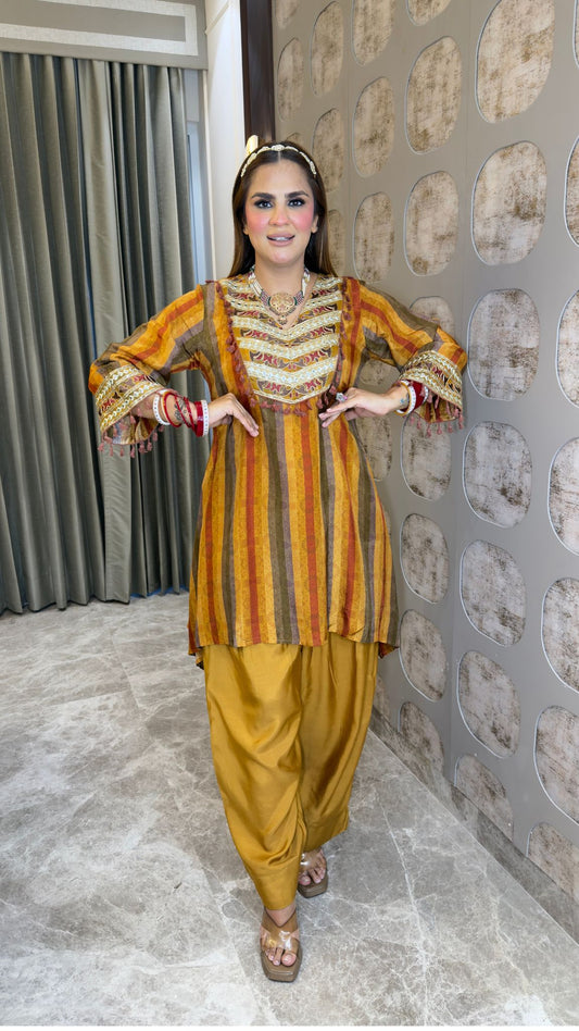 Elegant multi-colored striped tunic with farshi or dhoti-style trousers pc3384