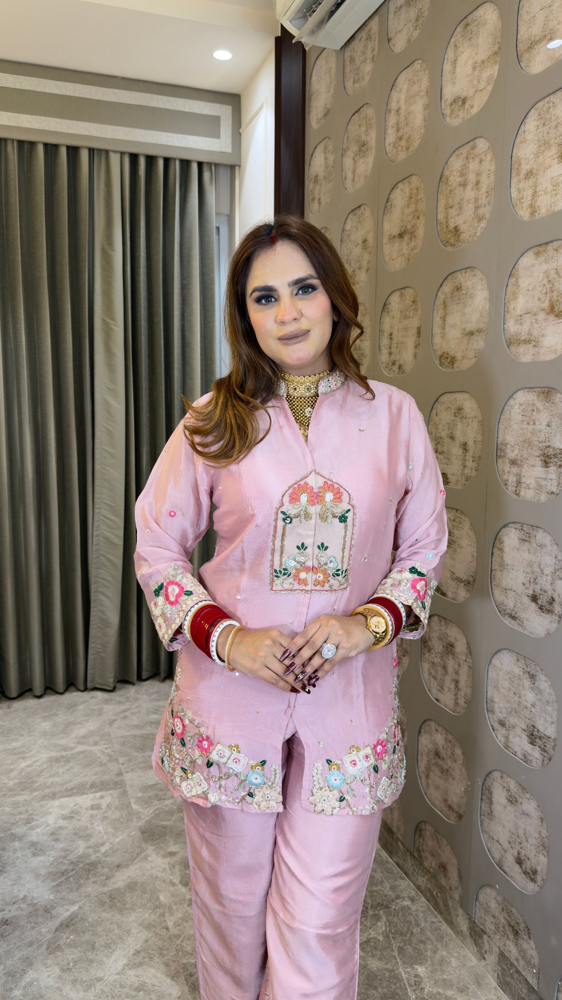 Elegant soft pink embroidered co-ord or tunic and trouser set  pc3311