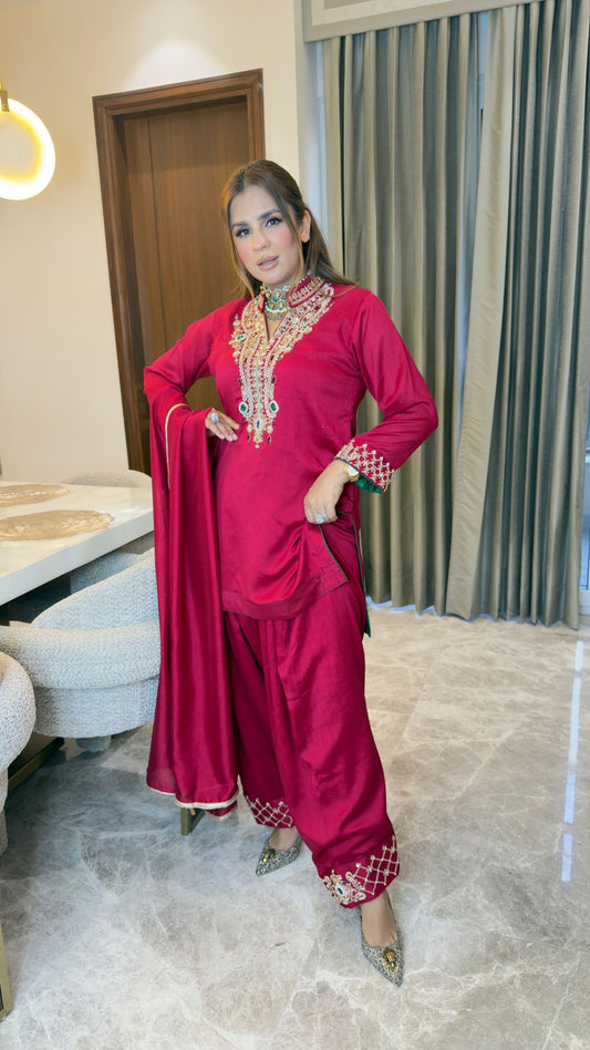 elegant rani hot pink silk ethnic kurta and salwar set pc3343