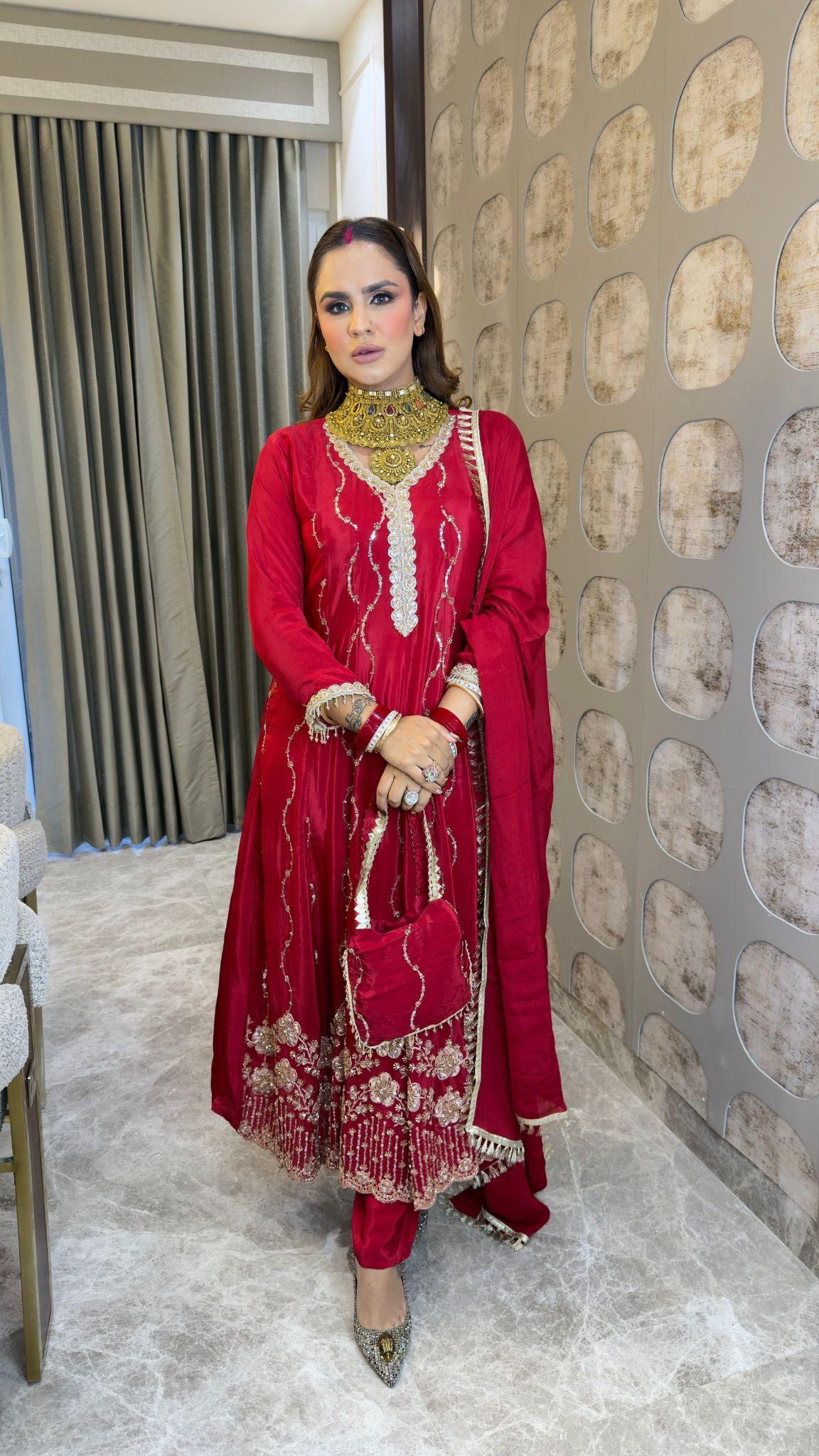 Beautiful  red embroidered A-line panelled kurta set pc3362