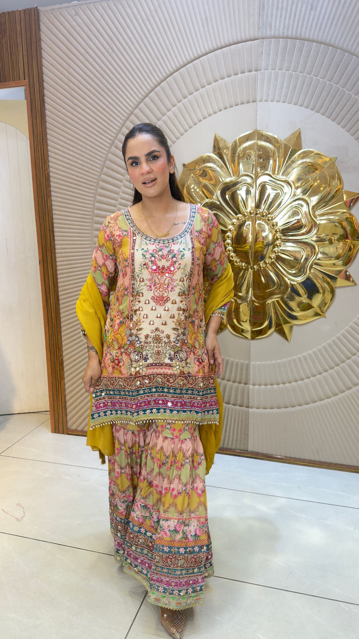 beautiful printed and embroidered sharara suit set pc3395
